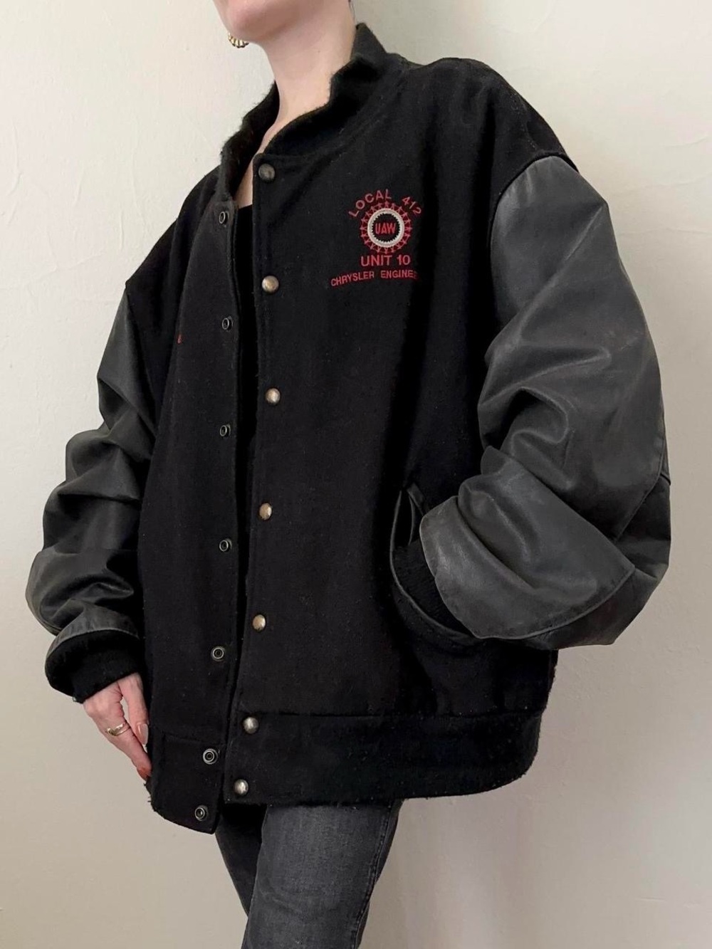 Vintage 80s Black Leather Wool Work Jacket